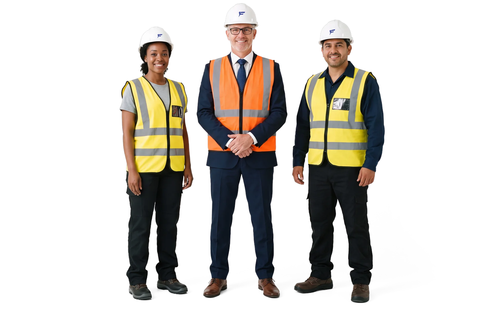 Trois collaborateurs FORMAFORCE en équipement de protection — casque logoté et gilet haute visibilité — détourés sur fond transparent