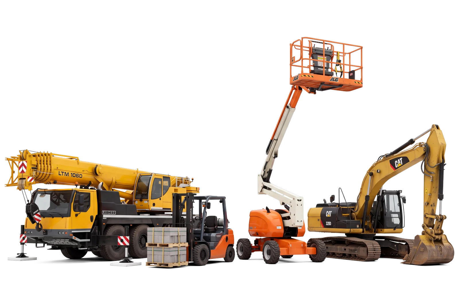 Grue mobile, chariot élévateur, nacelle articulée et pelle sur chenilles — matériel disponible à la location ou à l’achat
